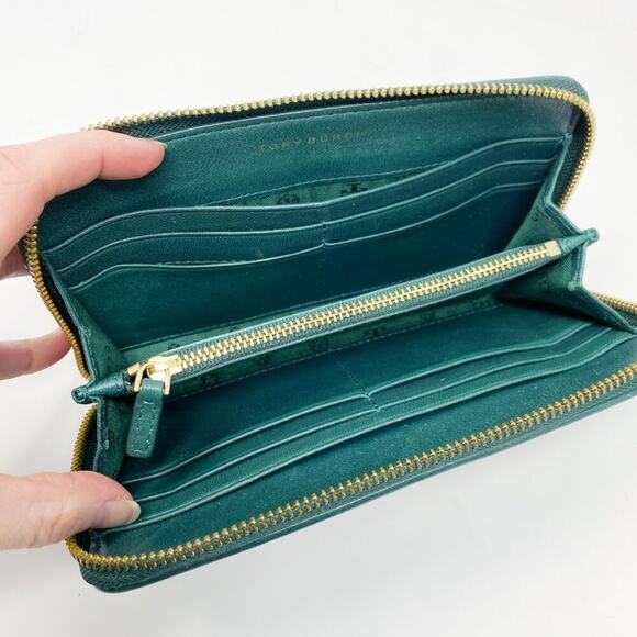 Tory Burch Jewel Tone Green Leather Zip Around Wallet Many Card Slots VGUC - Picture 2 of 8